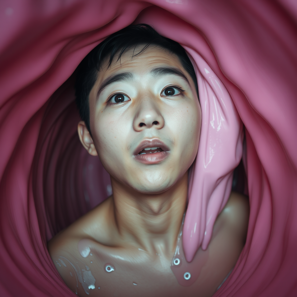 Young Korean man stuck in a tight space. Only his head and torso are visible. The walls of the space are undulating, pink, wet, and engulfing his body. He has a surprised expression.