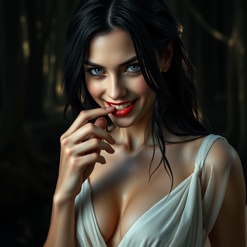 Enigmatically alluring inviting and scary looking smile.  
Running through secretive place, a small pond with God rays of light shining on her face in a glade in a tall magical forest where she lives, ready for a nude swim at any moment.  

The image presents Beautiful Hell standing with a powerful and commanding presence. She is a hyper photo realistic woman, visibly sweating, exuding menace, sexuality aroused and beauty. The background is dark and mysterious, enhancing her enigmatic presence and adding depth to the image.  

Her dark raven-black hair cascades down in soft, wavy strands often caught in a breeze, contrasting sharply against her pale, flawless unblemished skin with delicate feminine sexual tattoos sprinkled around her body.  

Beautiful Hell has a strikingly beautiful face with fine unbroken porcelain white skin and smooth and defined features. Her mouth slightly open, with an index finger laying on her lip and the tip of her finger in her mouth. And her teeth are hyper realistic.  

Her eyes are sharp and in focus when zoomed in to one of her eyes. Her eyes are a piercing blue, intensely realistic in detailed realism, bright and crisp, and realistically detailed and deep are intense and captivating, capable of drawing you in, and intimidating anyone who meets her gaze. Her eyes show an intense need to own the viewer, framed by long dark lashes, adding to their dramatic effect. Her expression is sexual and menacing and intense, reflecting her dual nature.  

Emotional and Visual Impact:  
The image evokes a sense of raw sexual attraction and admiration for Beautiful Hell’s beauty, body, intricate revealing, intimacy, and intensity. The combination of transparent sheer fabric, a deep and wide plunge line that reveals the edge of her nipples, and delicate ultra light white silk of her dress creates a balance between elegance and sexual allure, making her beautiful to linger your gaze upon, unavoidably sexually attractive, and intimidating. The visual intensity of the image is heightened by the dark, mysterious background, which adds to her enigmatic presence. The overall emotional response is a mix of admiration for her beauty, a subtle unnerving sense of fear or respect, and mostly for her bold, daring, sexual attention demanding design that she wears to specifically honor her deliberate and leading the viewer to physical sexual attraction to her. Her demeanor and physical exposure are outrageously bold, giving her an openly gleeful and ecstatic smile reflected in her brilliant blue eyes, and inviting anyone to oppose her.  

Dress Design and Features:  
Plunge Line: The dress, made of a thin revealing silk, shows the colors of her areolas, and features a deep and wide plunge line that extends to just below her belly button, revealing the smooth skin of her torso and her belly button emphasizing the dress's allure and Beautiful Hell's alluring natural sexuality.  
The dark, remarkably fine silk of the dress clings closely to her figure, accentuating her curves and emphasizing her feminine form.