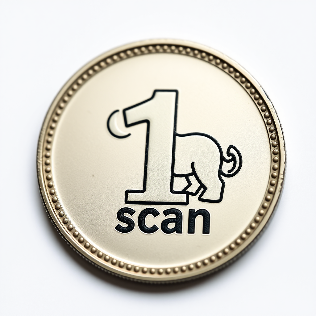 A coin with the engraving "1 scan" and an engraved mammo silhouette  
In the style of a comic icon in black ink only on a white background