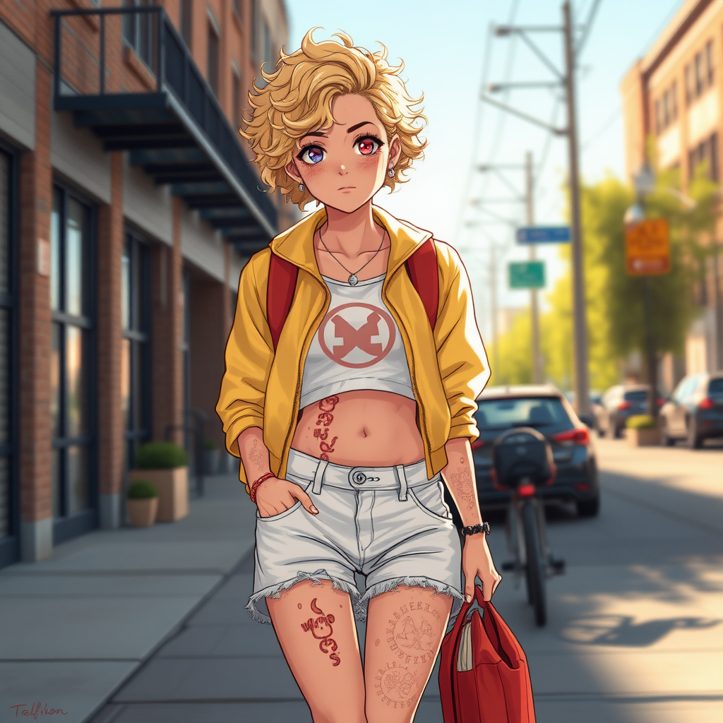 Realistic drawing style image, Extremely good quality 8k resolution drawn manga image of a 15 year old petite and short tomboy girl with golden blonde curly hair with mixed and different colored eyes for each eye and moles on her entire body and is a white American girl, Has on a Gold Jacket over a white extremely short crop top only covering her breasts and nothing more with a design on it, and has on ripped shorts and cool looking sneakers and a deep and big knife cut wound on her stomach from a huge injury she had, with a bright color backpack, ear piercings on, walking on the street to school in the morning with the beautiful sunlight lighting up her body beautifully with no tattoos.