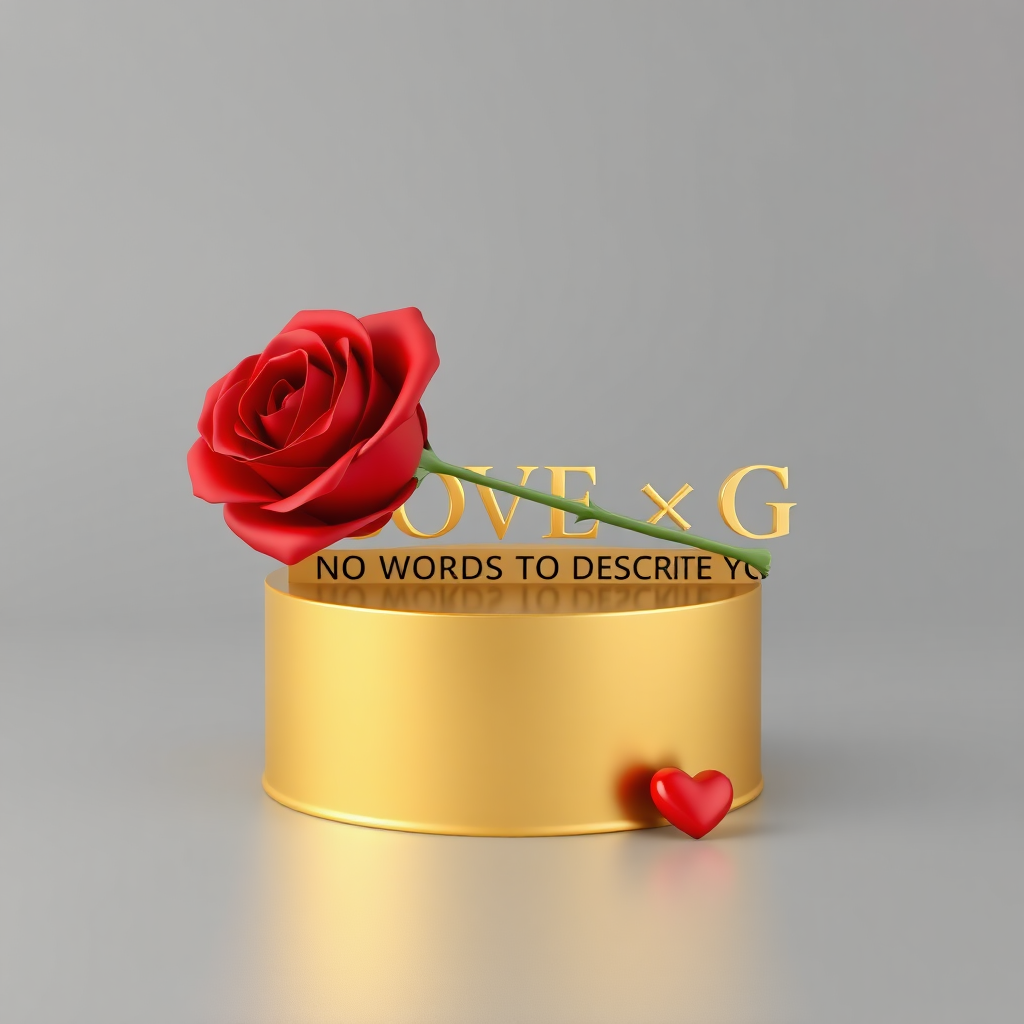 A 3D rendered anime-style medium shot of a red rose delicately resting atop a heart-shaped golden pedestal. The elegant name "LOVE ❤️ G. NO WORDS TO DESCRIBE YOU" is displayed on the pedestal in bold, black gold letters. A small contrasting red heart is placed along the pedestal. The smooth gray gradient background highlights the golden and red colors. The design exudes sophistication and luxury.