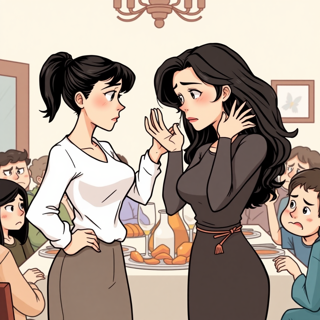 An illustration of two women in a subtle confrontation. One woman has clean ponytail and dark hair and is standing with one hand on her hip and the other hand is pushing against the other woman's face. She looks stern and confident. She is standing her ground. The other woman has long, wavy, dark hair and is standing with her hands raised, looking very frustrated. The background is at family dinner surrounded by unhappy family members.