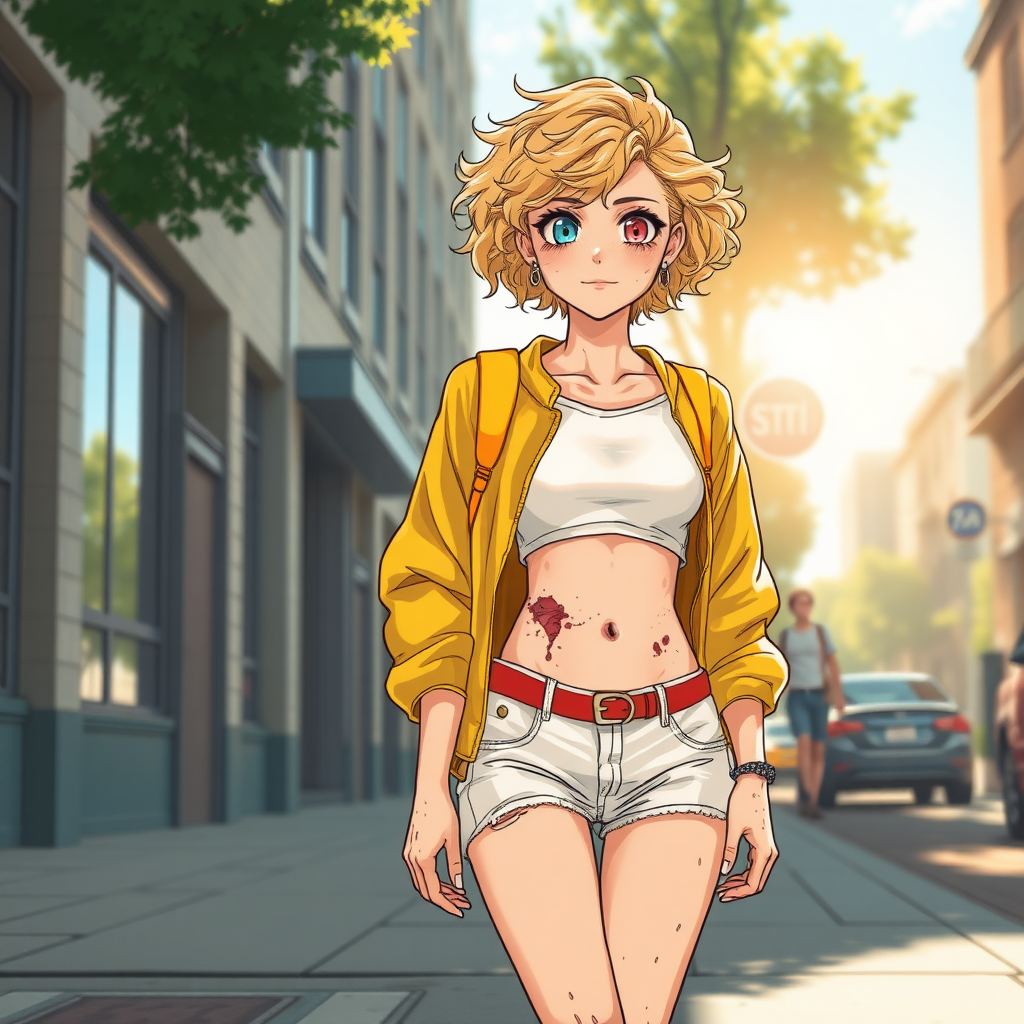 Realistic drawing style image, Extremely good quality 8k resolution drawn manga image of a 15 year old petite and short tomboy girl with golden blonde curly hair with mixed and different colored eyes for each eye and moles on her entire body and is a white American girl, Has on a Gold Jacket over a white extremely short crop top only covering her breasts and nothing more with a design on it, and has on ripped shorts and cool looking sneakers and a deep and big knife cut wound on her stomach from a huge injury she had, with a bright color backpack, ear piercings on, walking on the street to school in the morning with the beautiful sunlight lighting up her body beautifully with no tattoos.