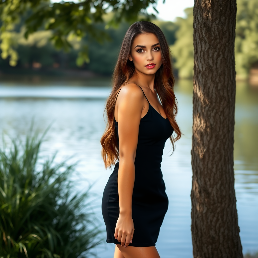 a young woman. long brunette hair with highlights, dark brown eyes. suntanned skin. small lips with lipgloss. wearing a short black dress and black high heels. standing at a tree with crossed legs. interested look. standing next to a lake. sweet look. photo