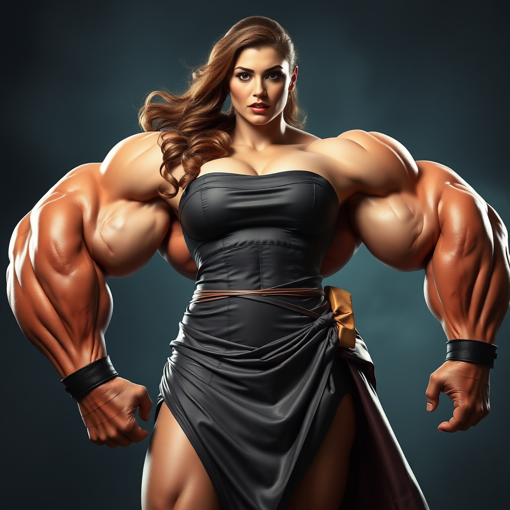 jacked massive huge bodybuilder girl, strapless dress, super hero