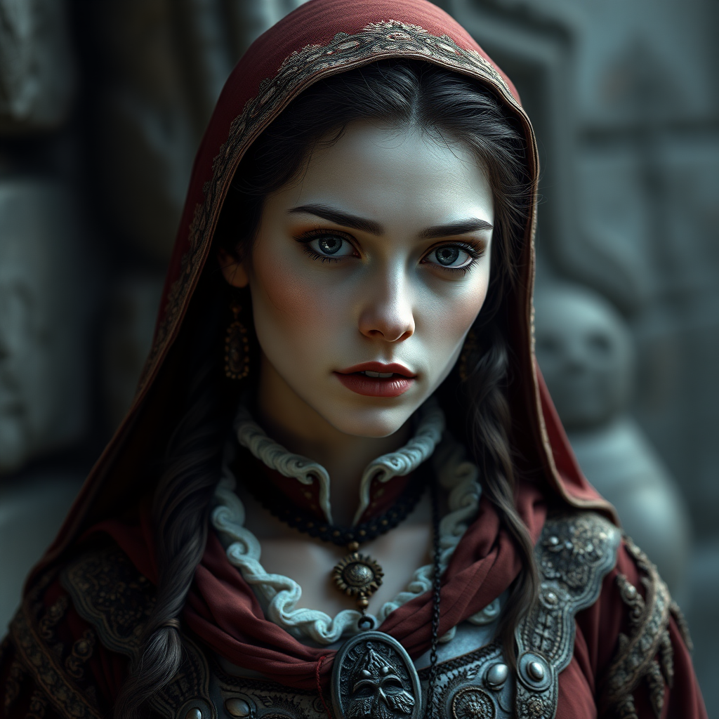 In the world of Vampire the Dark Ages, a 17-year-old woman with a cadaverous complexion, dressed like a medieval Persian woman. The image should show the character from head to waist. high definition, photorealistic, 16K.