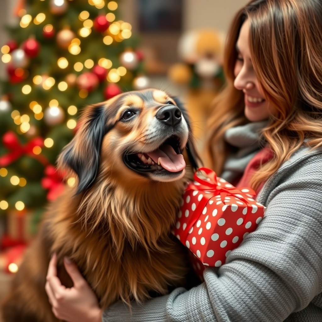 The dog was very happy to receive gifts at Christmas, and there was a woman holding the dog.