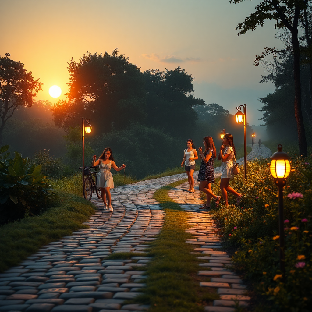 Mid-summer. It is a hot summer evening. The sun has just set. Three young, pretty Asian women are playing jump rope. Two other young, sexy Asian women are playing badminton. Two more young Asian women are chatting by the side of the path. A roughly 500-meter long, uneven, and 2-meter wide bicycle and pedestrian path runs along the edge of the forest, overgrown for about 50 meters by young eerie trees and paved with strikingly colored and differently sized cobblestones. On either side of this path, lanterns, about 1 meter high and placed alternately every three meters, light the way effectively and colorfully in different colors reminiscent of the 1950s. On both sides of the path, small colorful herbs and wildflowers bloom. It is beginning to get dusk. A part of the sky is visible. Like in a fantasy image, a few veiled clouds can be seen, glowing in pastel colors from the late evening sun. The scene is bathed in a warm yellow light. The atmosphere is mystical and surreal. A haze has formed in the background. Very small mythical creatures can be seen in the bushes.