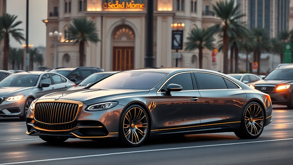 A photo of a futuristic maybach designed sedan with 4 doors. The car is with golden ornamentation. The car is parked on a street in Dubai with heavy traffic. The background sultans home