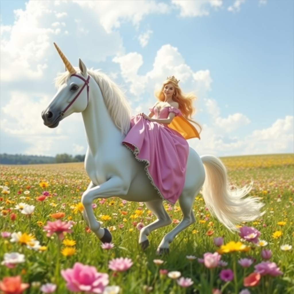 A princess riding a unicorn through a field of flowers