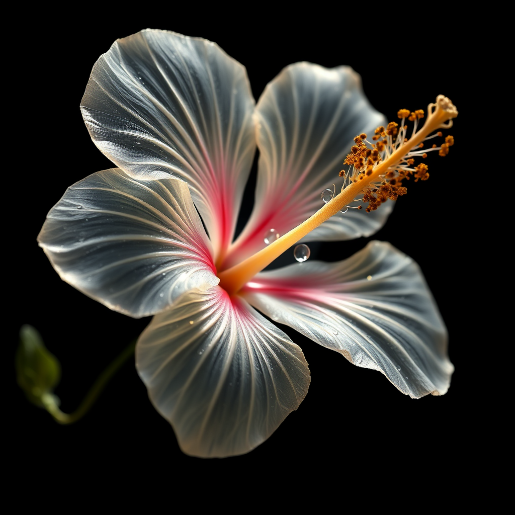 Create a mesmerizing masterpiece featuring a single, transparent hibiscus flower with delicate gold detailing, set against a black background. Rendered in stunning hyper-realistic 8K resolution, every intricate detail of the flower is brought to life with the finest pigments and brushes. The transparent petals appear to float, glowing softly under raking light, while the gold accents shimmer with a magical, luminous quality. The artwork invites viewers into a serene yet dynamic space, where the hibiscus embodies delicate beauty, grace, and the fleeting nature of life.

Layered with precision, the transparent petals showcase unparalleled dimensionality and luminous shadows. The contours and veins of each petal are defined with photorealistic accuracy, enhancing the ethereal quality of the flower. Subtle gradients of color flow seamlessly, evolving within the translucent form, while the gold accents appear to radiate with light. The composition features glistening dew drops that catch the eye, drawing viewers deeper into the scene.

This work provokes a sense of quiet contemplation on themes of nature’s fragility and art’s transcendent power. The hibiscus’s twisting petals and delicate transparency resonate emotionally, evoking a sense of calm and serenity. Signed by the artist, this captivating piece stands as a celebration of beauty and artistic ingenuity, destined to be displayed alongside history’s greatest works.

---

### **Technical and Artistic Specifications:**

- **Resolution & Display:**  
  - Render in 64K UHD resolution with a broad color spectrum and intricate details, suitable for platforms like ArtStation and Behance.

- **Digital Art Techniques:**  
  - Utilize Corel Painter, ZBrush, and Adobe Photoshop to create realistic 3D volume, smooth shading, and ultra-fine texturing.

- **Materials & Textures:**  
  - Incorporate premium pigments, metallic flakes, and glass beads to enhance the vibrancy of the textures and create a stunning play of light across the petals.

- **Lighting & Depth:**  
  - Apply a tranquil chiaroscuro lighting effect to add depth, using soft, nuanced shades of grey, black, and white to emphasize the lifelike qualities of the flower.

- **Rendering Quality:**  
  - Employ advanced 3D rendering techniques, including volumetric effects, to ensure sharpness and dimensionality. Use hyper-realistic pencil sketch textures to enhance intricate details, from the veins of the petals to the glistening dew drops.

- **Composition & Focus:**  
  - Feature a cinematic close-up composition that captures the flower's delicate beauty and emphasizes its floating, ethereal nature. A balanced f/11 aperture ensures vivid colors and exceptional depth, giving the flower a nearly tangible quality.

- **Overall Harmony:**  
  - Create maximum harmony by balancing the interplay of light, texture, and transparency. Every element should work together to evoke a serene, emotionally resonant experience.

---

### **Key Artistic Elements:**
- Chiaroscuro lighting to create mood and contrast.
- Soft, delicate colors with shades of grey, black, and white for subtle depth.
- 3D volumetric effects to enhance spatial realism.
- Hyper-realistic pencil sketch texture for intricate detailing.
- Gentle, lifelike depth to add tranquility and emotional resonance.

---

This revision distills the original prompt into a more refined and emotionally engaging description, highlighting the technical and artistic aspects needed to create a visually stunning and evocative artwork.