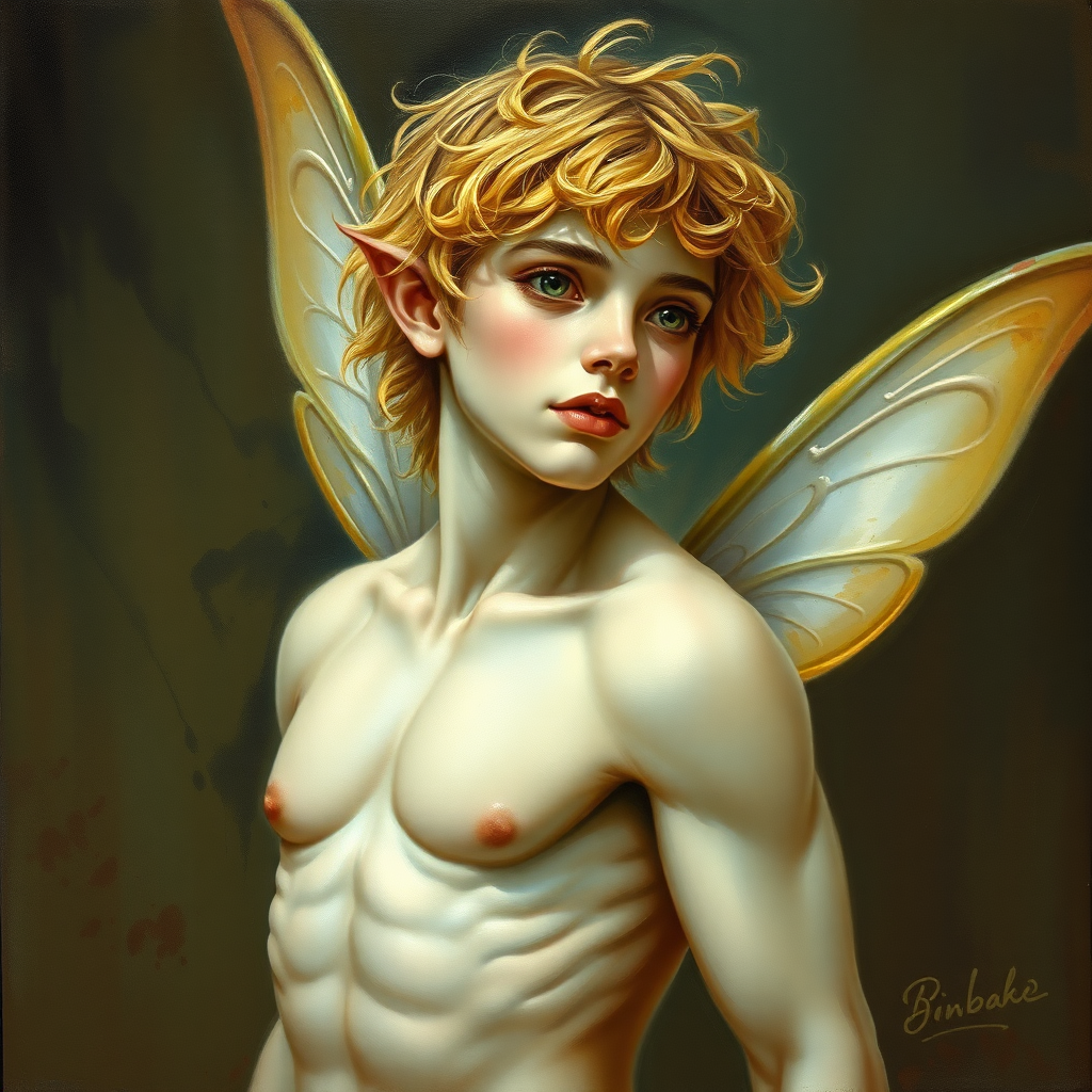 A beautiful painting of a fairy boy, gorgeous face and body. In the style of Brian Froud.