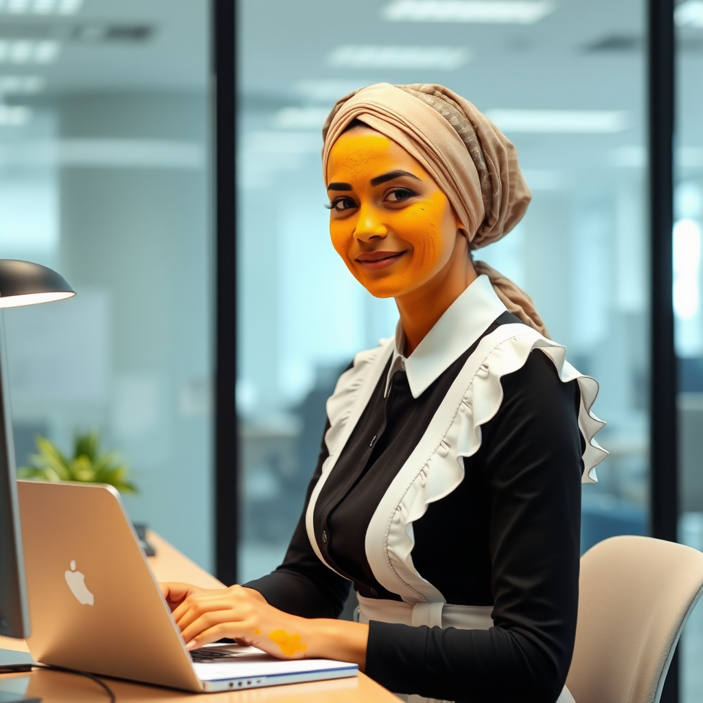 slim, modern, french maid, scarf head, turmeric paste on face, working in office