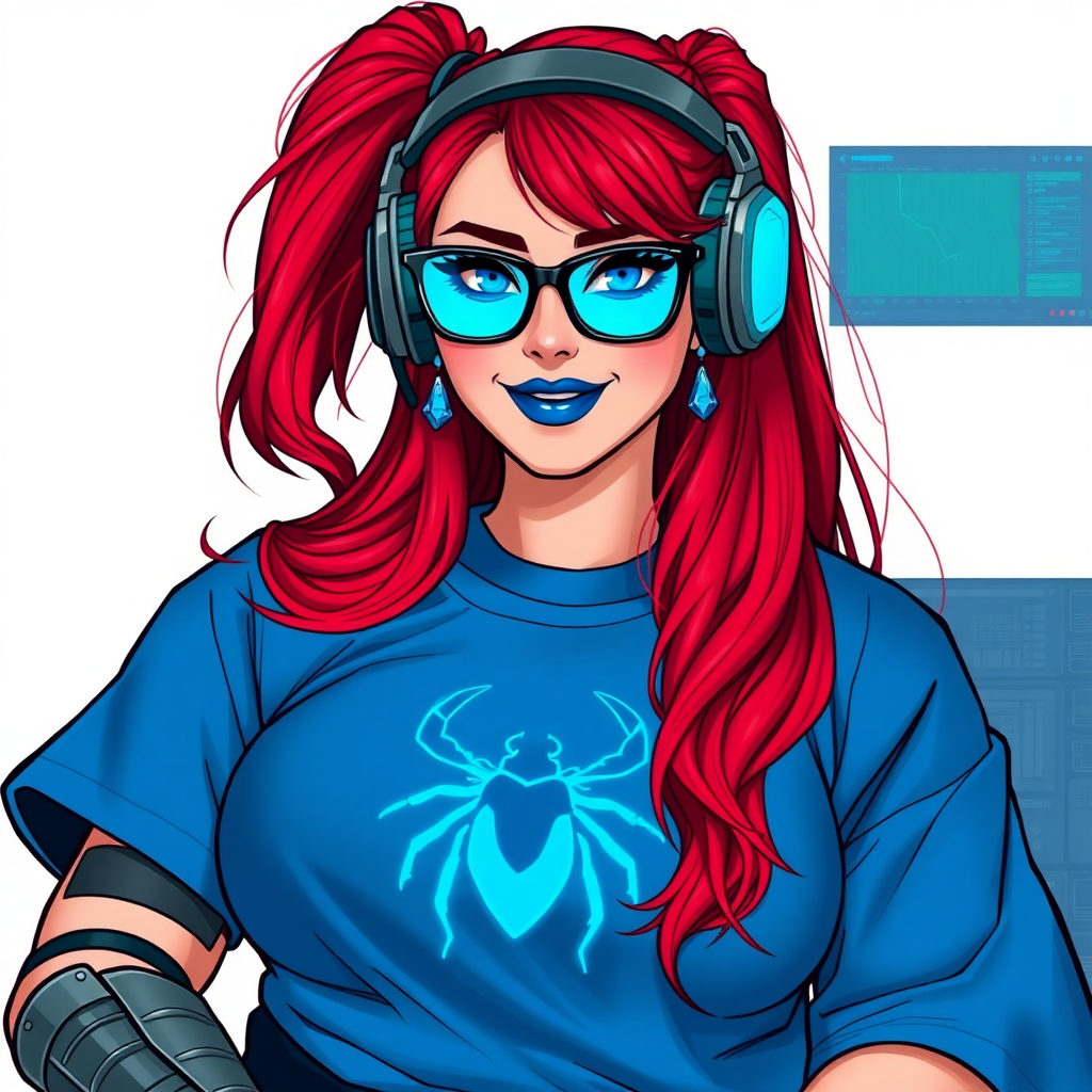 A cyberpunk vigilante’s full-figured intelligent and tech-savvy 29-year-old girlfriend, who is a computer hacker and tech genius. She has a long ruby red ponytail and bright blue eyes. She wears maximum blue lipstick, a sapphire beetle gemstone necklace, sapphire earrings, black eyeglasses, hi-tech metal arm armor, and an oversized maximum blue t-shirt featuring a neon blue glowing icon of a scarab beetle on its chest. She has a full-figured physique with a giant, round midsection, reflecting her well-cared-for lifestyle. She sports a sapphire headset with a hi-tech maximum turquoise lensed HUD, and a beaming smile with a passionate bright red blush. Despite her figure and a lack of self-esteem, she radiates beauty. She has a slim face which contributes to her radiant beauty. She serves as his tech expert from his hideout, diligently working at her lab table and computer desk. The background is solid white. She is drawn as if she was in a retro 2D cyberpunk fighting game.