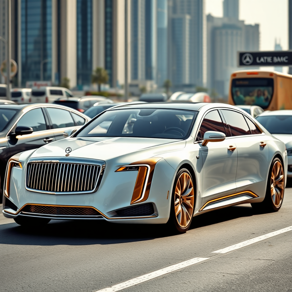 A photo of a futuristic maybach designed sedan with 4 doors. The car is white with golden ornamentation. The car is parked on a street in Dubai with heavy traffic. The background contains skyscrapers.