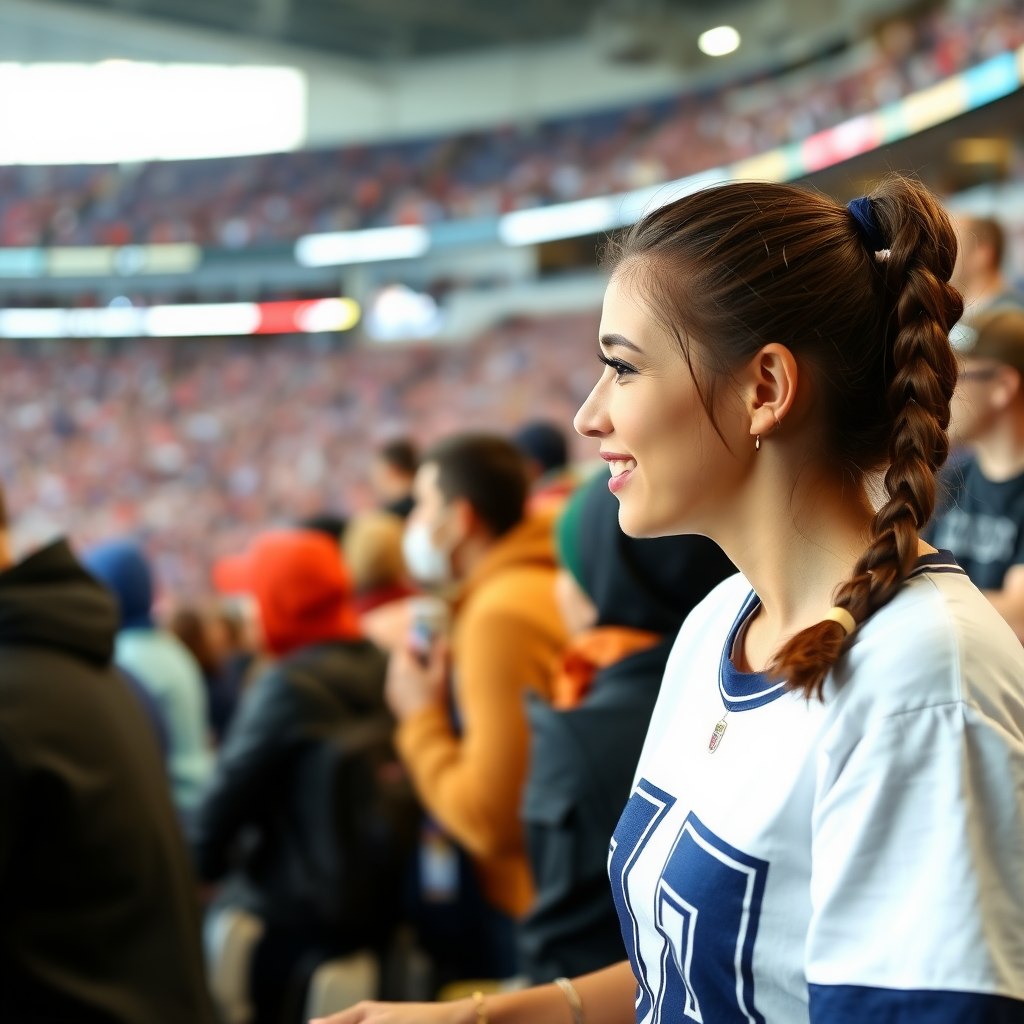 Attractive female NFL fan, pigtail hair, talking with friends, inside crowded bleachers, NFL stadium