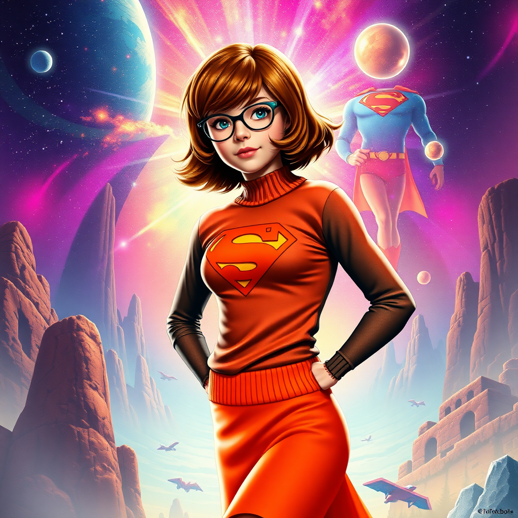 Create a full-length hyper-realistic image of Velma Dinkley, maintaining her head and popular hairstyle, but using the male body type of Superman. Transform her iconic orange sweater and skirt, adjusting the costume to fit the new proportions while excluding any elements from Superman’s costume. Design a background that merges the vibrant, mystical elements of both characters' worlds, incorporating clues and mysteries from Velma's universe alongside Superman's heroic landscapes. Focus on blending the two aesthetics while ensuring the character remains recognizable and engaging.