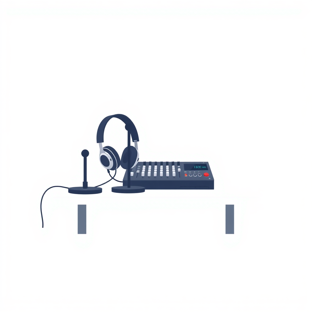 A minimalist, flat design illustration of a podcast setup. The image should include a microphone on a stand, headphones, and a sound mixer on a simple desk or tabletop. The background should be a plain, neutral color like white, gray, or light blue. The overall style should be clean, modern, and visually appealing as a generic stock image for podcasting.