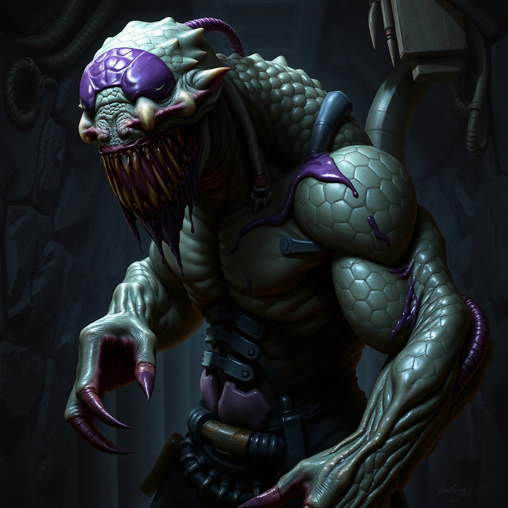 Sci-fi digital horror painting. Heavily mutated crew member, skin covered with sturdy scales, his body and limbs elongated and twisted while muscles ever tensing. Aggressive violent snarl on face. One hand has long sharp claws while the other looks relatively normal. Dark purple goo oozing all over him. Dark rocky industrial corridor.