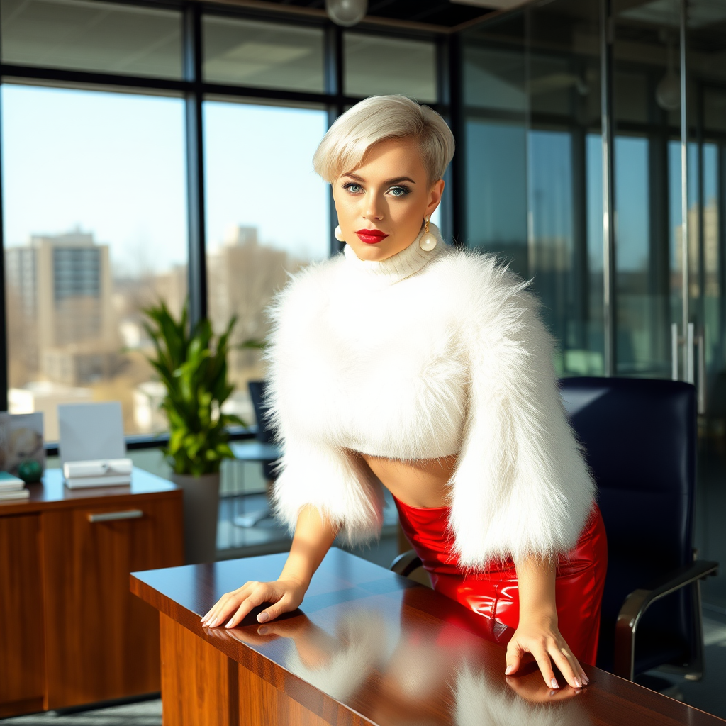 Sunny spring morning, modern glass-steel-concrete office, standing behind desk: Nina, 17 years old very convincing femboy, tamed servile docile, very beautiful feminine flawless face, rather short, by hormones very curvaceous womanly figured, platinum blond short tight curls, French nails, no makeup, wearing Supertanya-style fluffy very fuzzy bright white angora turtleneck-poncho cropped ending under bust, very tight bright red vinyl midi pencil skirt, purple shiny vinyl pumps with golden high heels, white pearl belly piercing, gold earrings, leaning forward hands on desktop presenting her assets, seductively looking at camera. Focus on face and turtleneck-poncho.