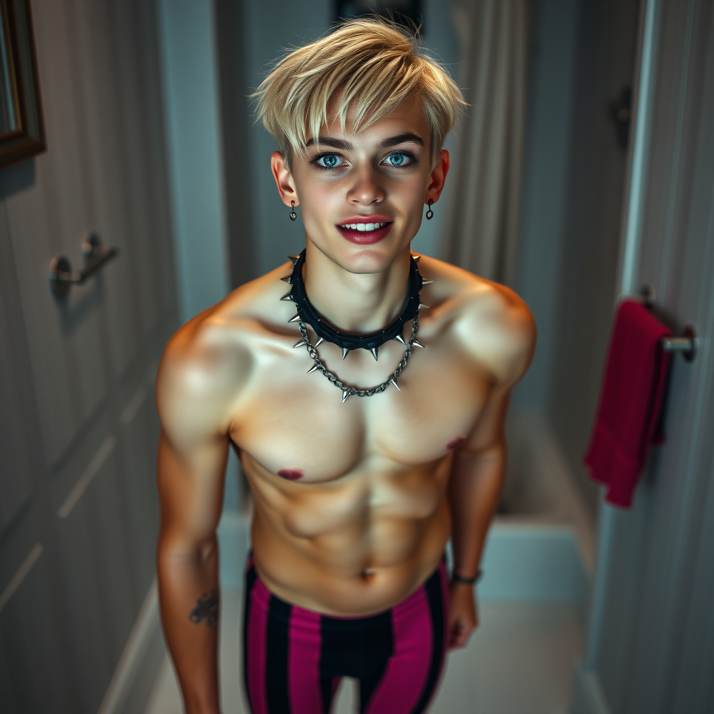 photorealistic, ultra high resolution, 16K, surreal fantasy, soft studio lighting, Caleb Swift is a pretty 16 year old goth male, slim male physique, blonde hair, blue eyes with enlarged pupils, goth makeup, earrings, pink & black vertically striped pantyhose, spikey neck collar with chain, standing on the floor of the bathroom, aroused excited smile, bulging crotch, full body front view of Caleb facing the camera.