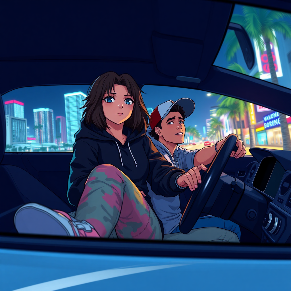 An high-quality anime art scene depicts a 19-year-old Latina women named Lucia, a tough, street-smart woman inside a car moving through the vibrant streets of Miami in her car at the drivers seat. She wears a black hoodie and tight, colorful pants, giving her a bold, rebellious look. Beside her sits a Latino guy with a sideways cap, his laid-back attitude matching the urban energy of the city around them. The neon-lit skyline and palm trees flash by as they drive through the night.