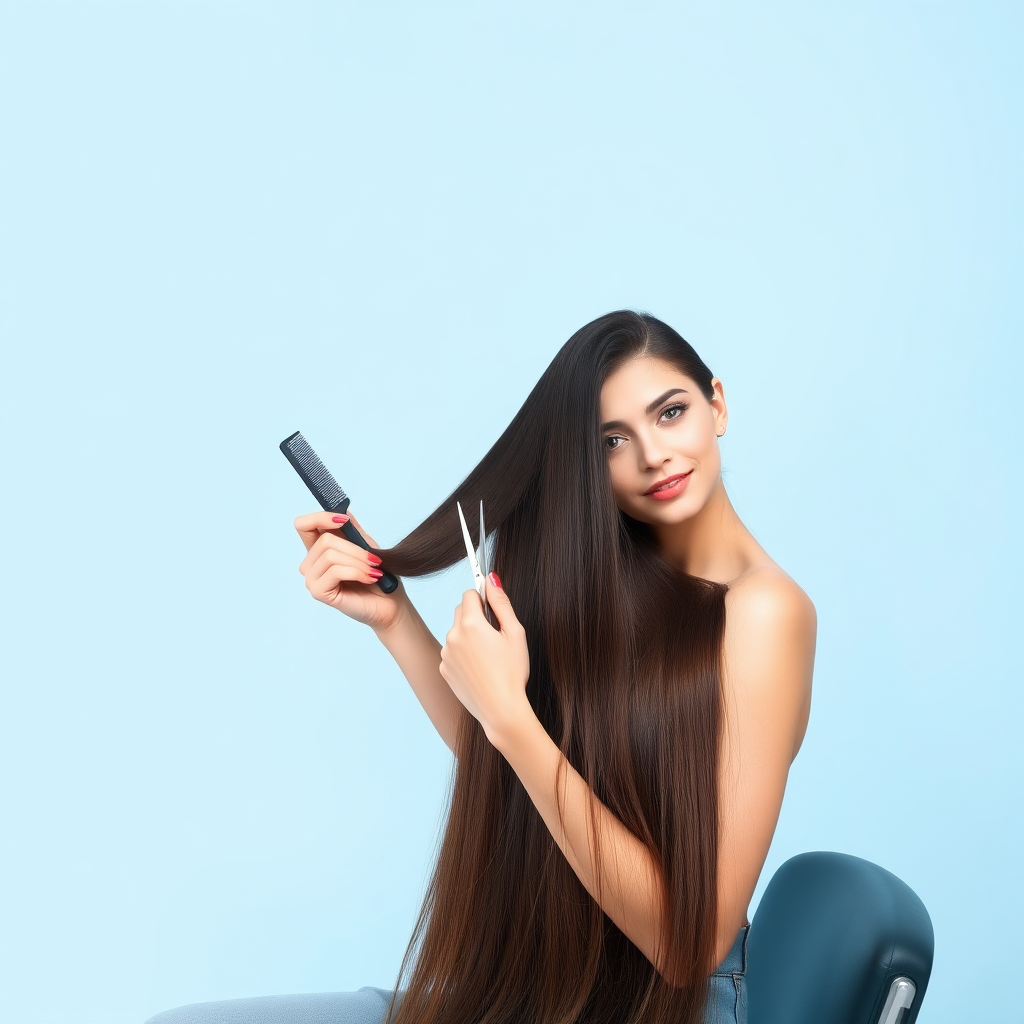 A beautiful woman sitting in a hair salon looking at the camera. Her very long hair meticulously fanned out. She is holding a comb and scissors in an invitation to cut her hair. Plain light blue background.