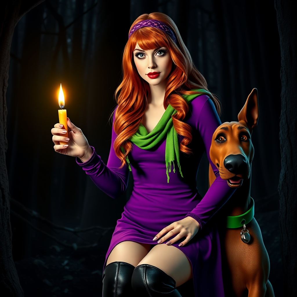 masterpiece, full body Daphne Blake, looks like Sarah Michelle Gellar, hyper realistic, realistic face, detailed face, wears headband and purple dress and green scarf, high boots, long red hair, is holding a lit up candle in the dark, next to a realistic dog that looks like Scooby Doo. She is in a very dark creepy forest, halloween atmosphere. Marvelous, awesome, beautiful. Perfect hands, high detailed face, detailed skin, perfect eyes, eyeliner, large lashes, 60s look style, sexy, spicy look, scooby doo, front view, glitter