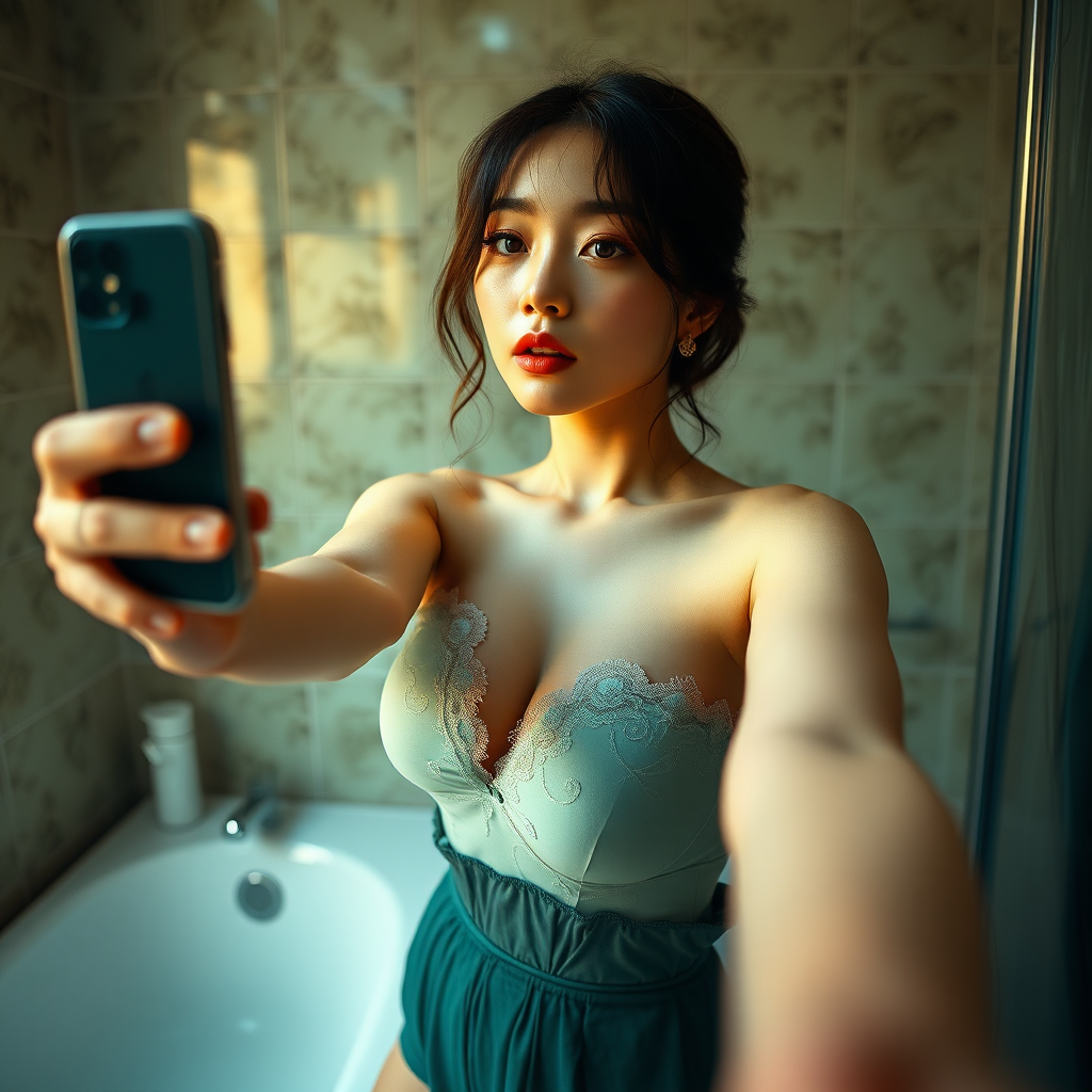 selfie hypersensual beautiful korean model instagram woman in her bathroom, ((full-body)), big breast with neckline, anime manga style, instagram influencer, hot on CANON R5, 85mm lens, Photoshoot, Depth of Field, insanely detailed and intricate, hypermaximalist, elegant, hyper realistic, super detailed, dynamic pose, centered, photography, Natural Light, dynamic, highly detailed, sharp focus