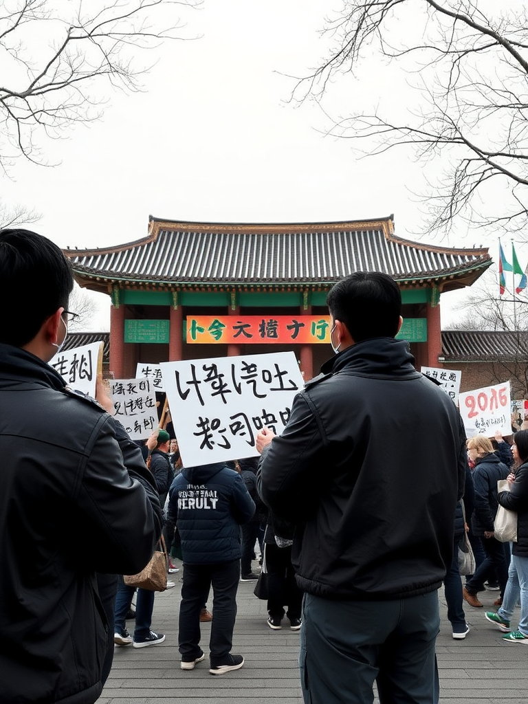 Draw a scene of a protest in front of Gwanghwamun.