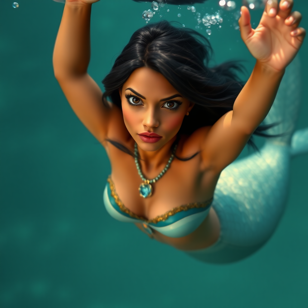 Pocohontas as a mermaid. She's floating underwater with arms up. She's looking intensely at the viewer of the photo. The eye contact is palpable and mystical. Her short hair floats like a beautiful nimbus around her head and her shiny scaled tail is curled beside her. Gossamer Diaphanous. Vamp it up! HD DSLR Photo