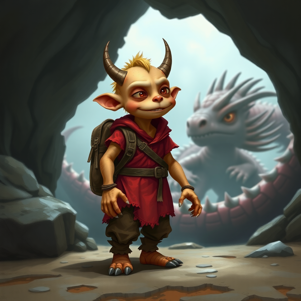 A small, skinny, light brown, kobald monster in a tattered red tunic and dirty brown pants wearing a backpack on his back who is excited to see a large sleeping dragon in a cave.