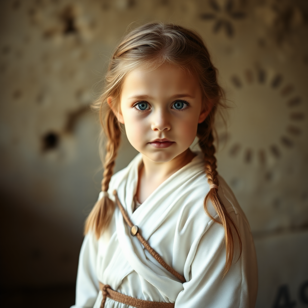 A lovely little girl in ancient style, about four or five years old, wearing a white outer garment.