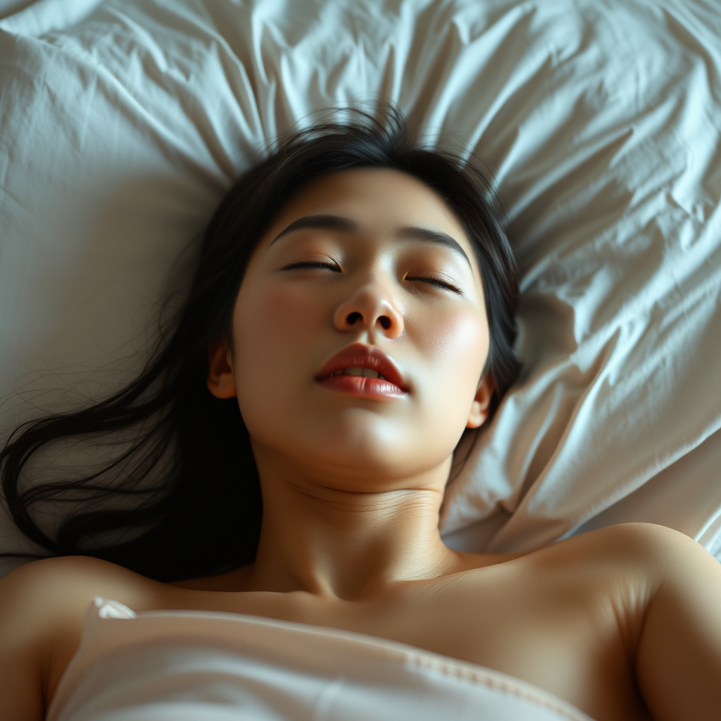 photo hyperrealistic low angle POV side view Alina Li sleeping wearing shift