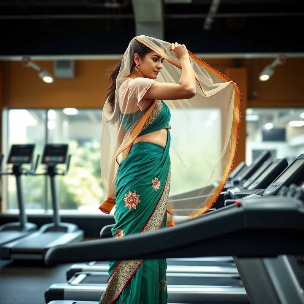 slim, Indian wife, dupatta, working out on treadmill in gym