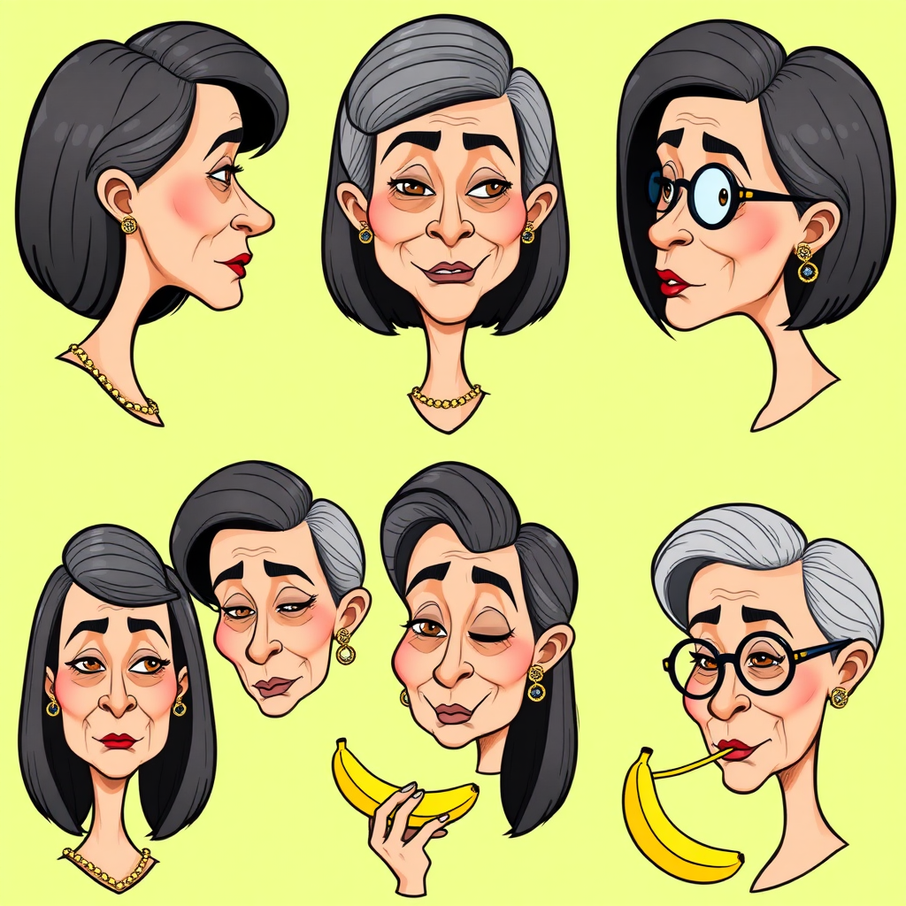 image of six headshots of a 50 Years old, gorgeous, fit, European, Latina, sharp aquiline nose, wrinkles, high cheekbones, Middle Eastern, Skinny, Tanned skin, Dark light skin, full Makeup, jewelry, Sharp nose, frowning, exaggerated cartoon emotions, lascive, eating a banana, dark grey Ash hair, short bowl haircut, Brown eye color, half closed eyes, round Glasses, with detailed features. Each photo displays the same face in back, profile and front view, cut out and isolated on a green background. All six heads are visible side by side, empty space around each view, no overlapping. 2D, caricature, cartoon, Sketch lines, coloring book style, well composed, clean coloring book page, No dither, no gradient, strong outline, vector illustration