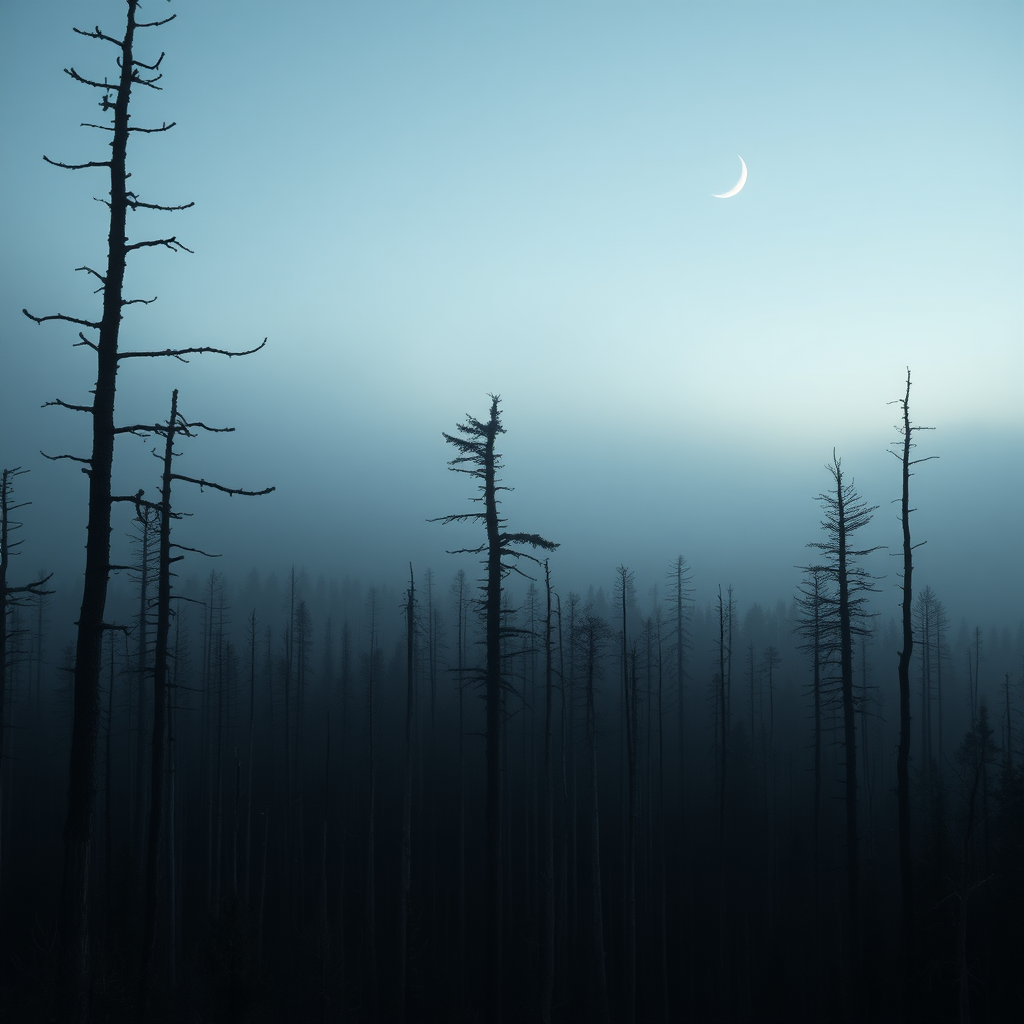 a photo of a foggy forest, by Kristian Zahrtmann, broken forests, eerie color, black fir, forest on the horizon, alien trees, destroyed forest, merging with tree in a forest, crescent moon, forested, barren, danila tkachenko, tall trees