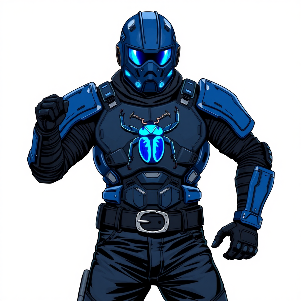 A 28-year-old cyberpunk vigilante stands heroically, clad in high-tech, maximum blue body armor featuring a neon blue glowing beetle on the chest. They wear black biker pants, a black belt with a sapphire beetle buckle, and a maximum blue head covering helmet with neon blue glowing lenses. Their hands are protected by black metal gloves, all set against a solid white background. He is drawn as if he was in a retro 2D cyberpunk fighting game.