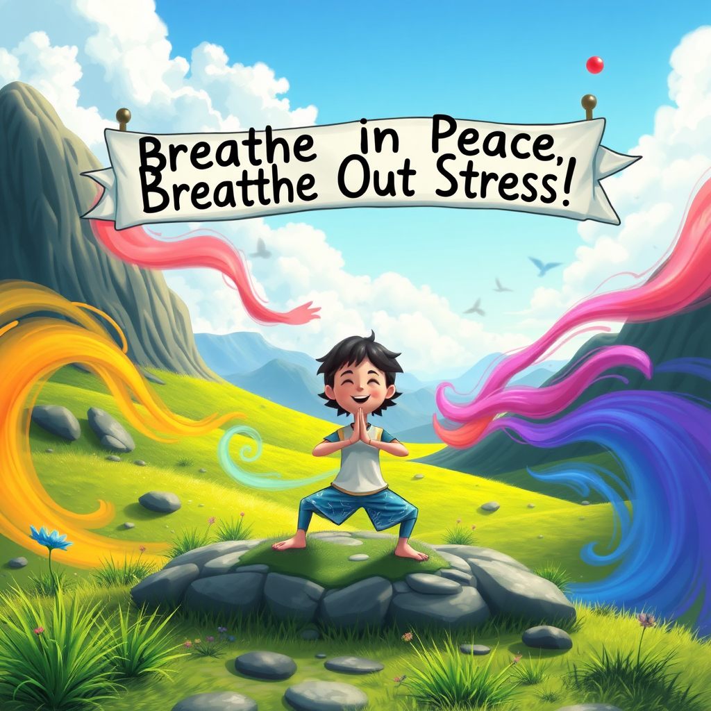 An imaginative scene of a serene landscape with a character practicing yoga, surrounded by colorful air currents swirling around, and a banner overhead reading, "Breathe In Peace, Breathe Out Stress!"