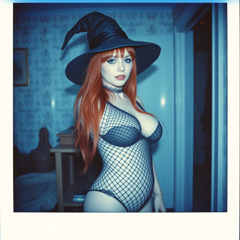 Scan of an old polaroid photo with heavy dark vignetting and a blue color tint to the photograph and visible light leaks. The photo depicts a sexy alt goth girl with pale skin and red hair. She has a plump booty. She has large breasts with ample cleavage and is wearing a black fishnet bodysuit. She is wearing a witch hat. The image looks hazy and grungy. She is in an old house with wallpaper on the walls. Dark lighting with camera flash used. Candid