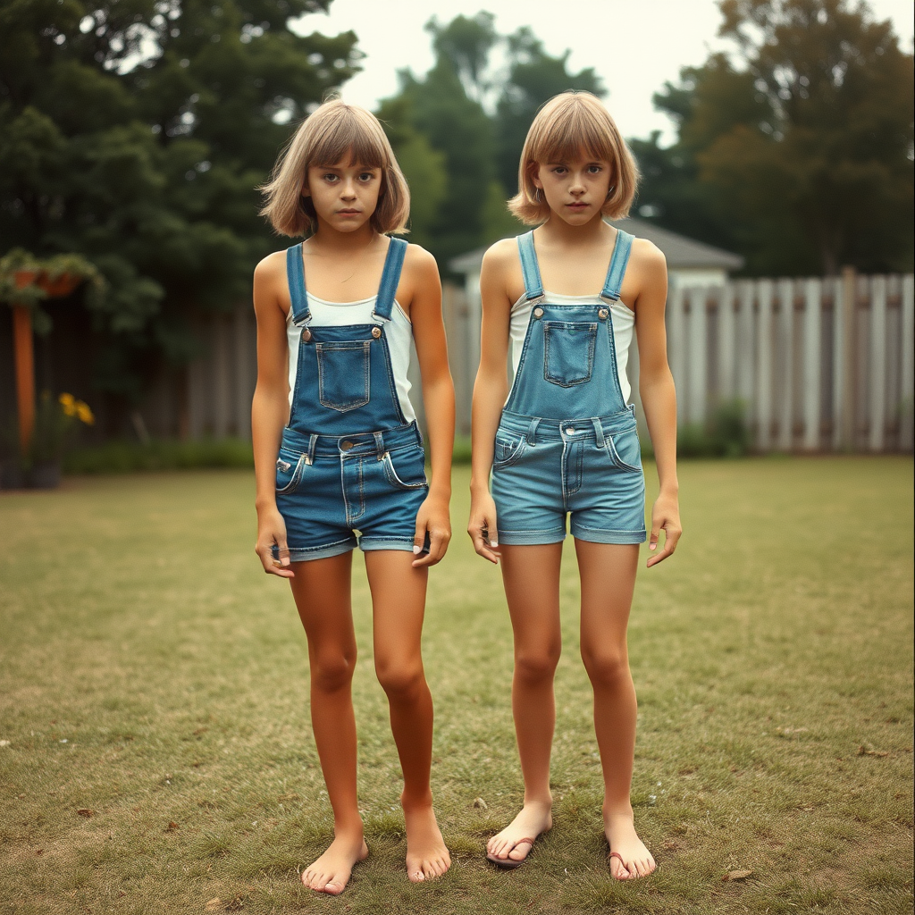 two tall 14yo teen boys, long hair bob cut, wearing crop tank top and very tight booty shorts or denim tight booty Shortall, long legs, narrow thighs, full-length front view. 1970s. Playing at backyard. photorealistic, ultra high resolution, 16K, Negative: grainy, blurry, bad anatomy, extra limbs, watermark.