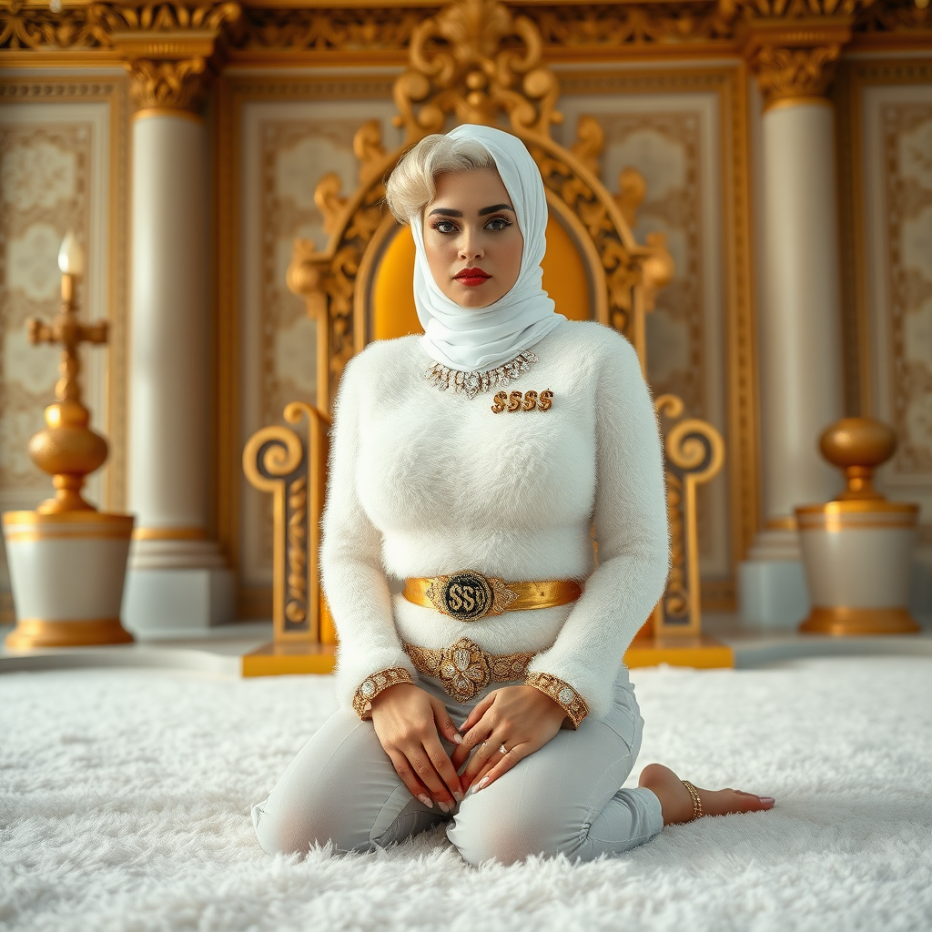 Kuwait desert palace throne room, old overweight mighty sheik sitting on throne. In front of throne, kneeling on white fluffy carpet: Melissa, European 17 years old very convincing femboy “trophy-bimbo”, tamed servile docile, rather short, by hormones very curvaceous womanly figured, platinum blond short tight curls, heavily made-up eyes, wearing Supertanya-style fluffy very fuzzy bright white angora turtleneck-poncho cropped ending under bust decorated with pearls and gemstones, striking oriental wide gold bridal protection belt, white fully transparent harem pants, full Oriental bridal jewelry, face covered by white sheer full Burka, coin anklets, striking diamond “$$$” letter brooch on left chest, pout frustrated, hands tied behind back, looking at camera. Focus on face and turtleneck-poncho.