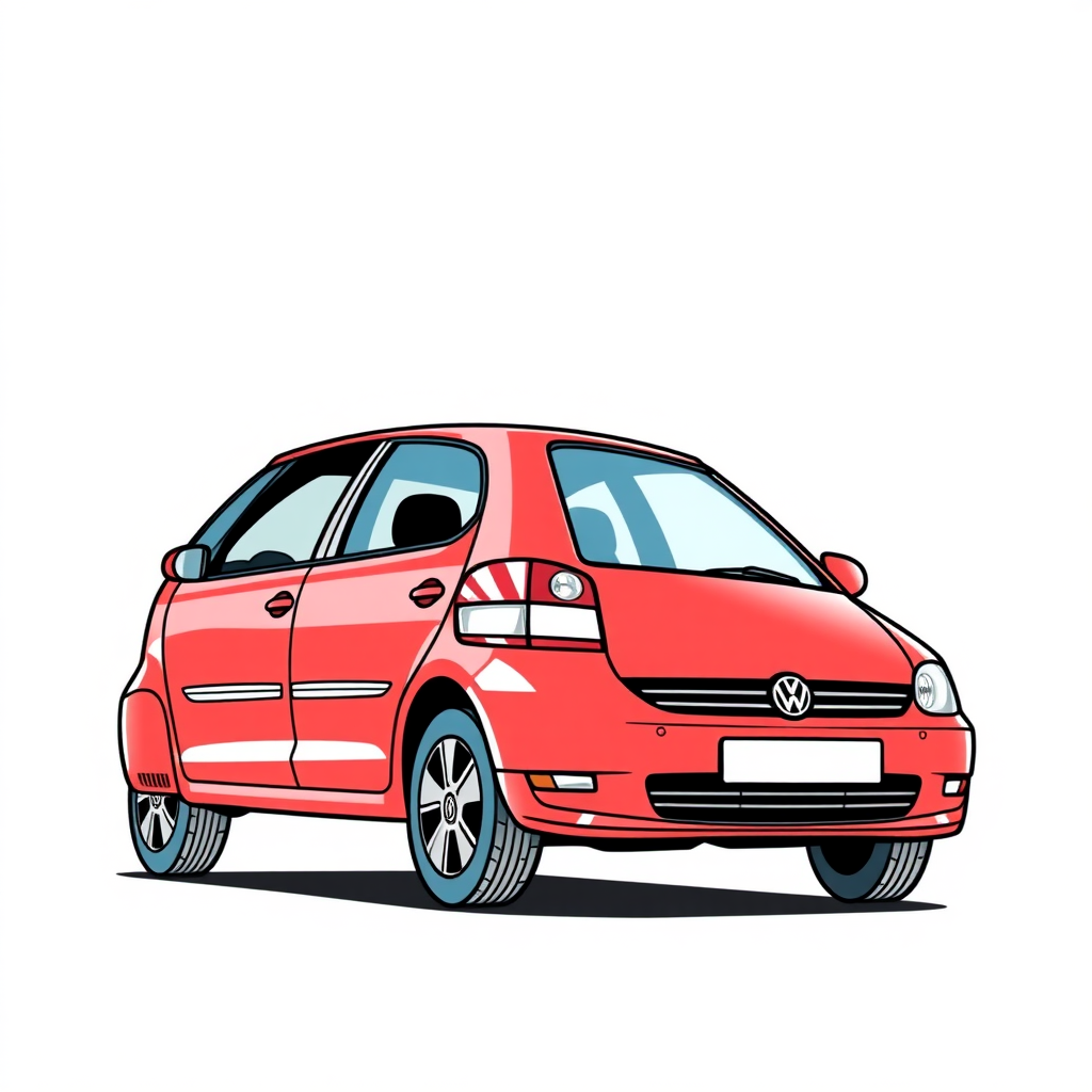 red vw polo III car, long establishing shot, 2D, caricature, cartoon, Sketch lines, coloring book, coloring book style on white background, well composed, clean coloring book page, No dither, no gradient, strong outline, No fill, No solids, vector illustration, realistic proportions, blueprint, left side view