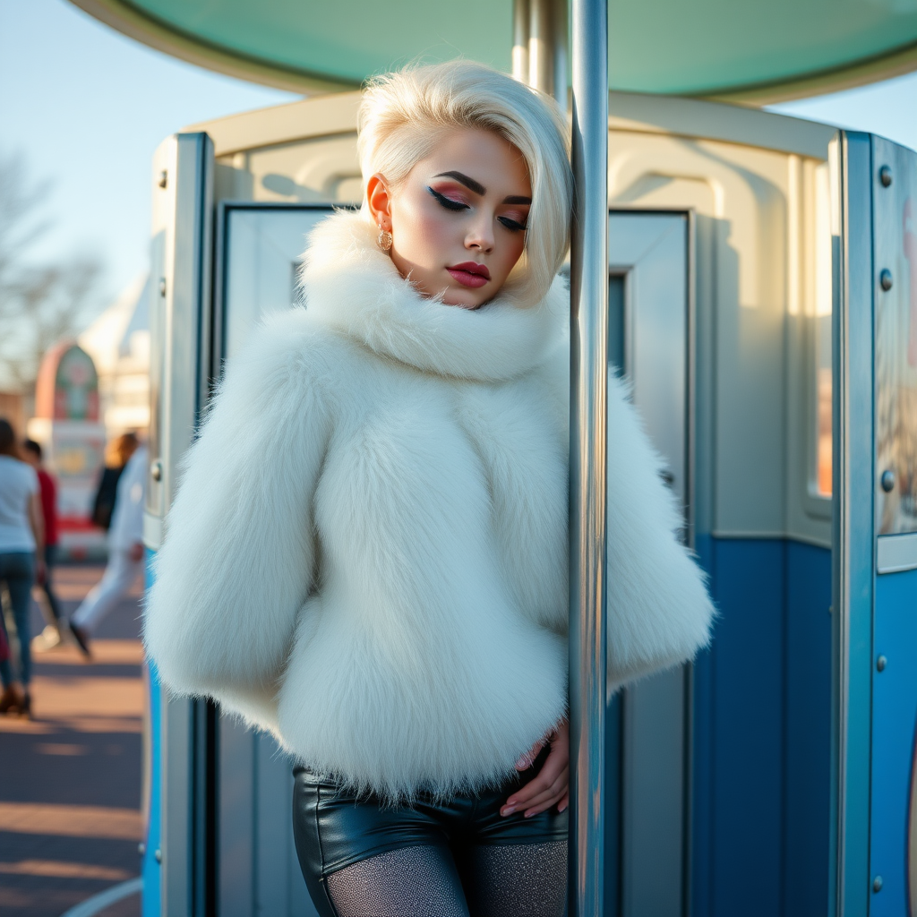 Amusement park “kissing booth,” sunny spring Sunday morning. Sam, 19 years old beautiful involuntary femboy, rebellious intractable character, petite boyish figure, platinum blond boyish rebel punk hairstyle, flawless heavily made-up face with sharp arched tattooed eyebrows, wearing Supertanya-style fluffy very fuzzy bright white angora thigh-length turtleneck-poncho fully covering body and arms, silver-glitter leggings, black leather high-heeled pumps, silver earrings, both hands tied to pole behind back, standing inside kissing booth, waiting for next customer to kiss. Focus on Sam’s face and turtleneck-poncho.