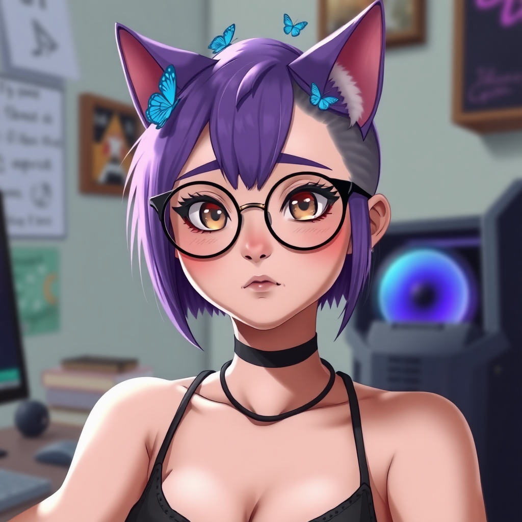 female lesbian cat-man with a big chest, 90E, without makeup, without clothes, serious with little blue butterflies on her head, a round face, with a purple undercut hairstyle, hazel eyes, dimples on her cheeks, chubby cheeks, wearing semi-round glasses, in front of a desk with a gaming PC, in digital art