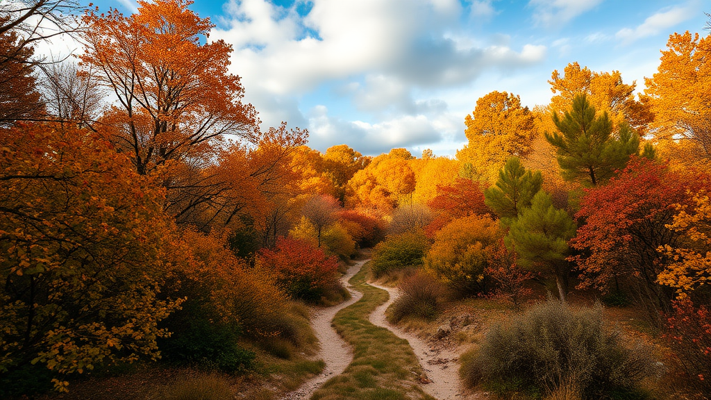 Autumn forest with Mediterranean vegetation with a path, sky with clouds in high definition.