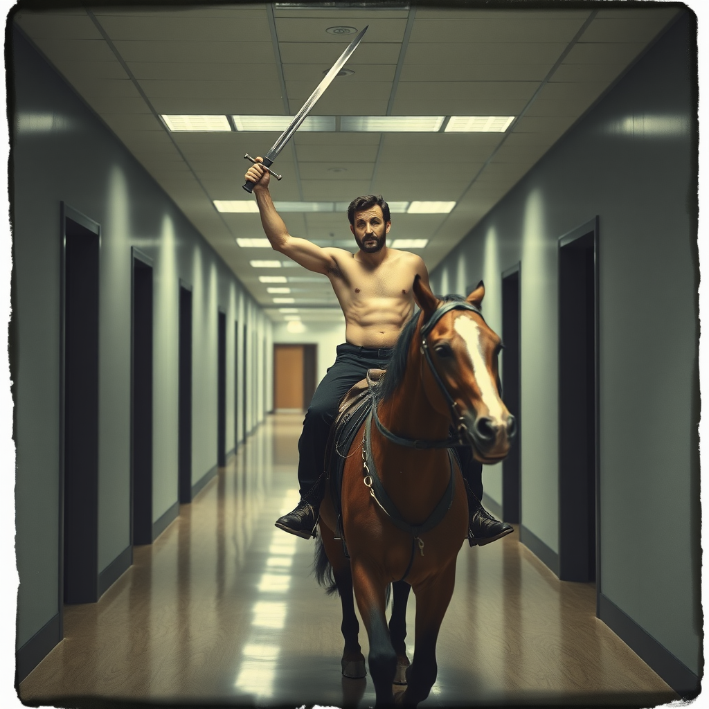 Polaroid, vsco filter, photo realistic Pat Gelsinger riding a horse while shirtless, holding a rapier in the air. The horse is riding through the halls of a corporate office.