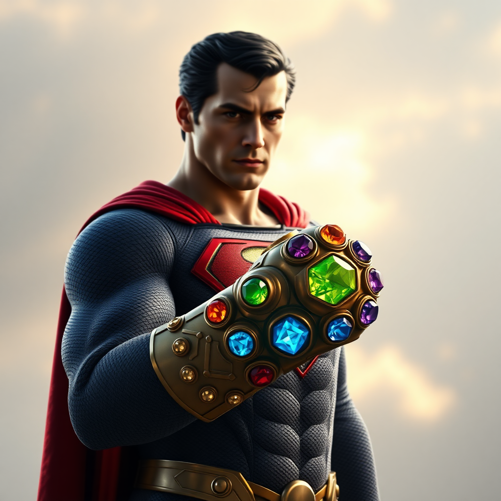 Superman wears the infinity gauntlet with 5 infinity stones. Cinematic Real3d photo-realistic quality.