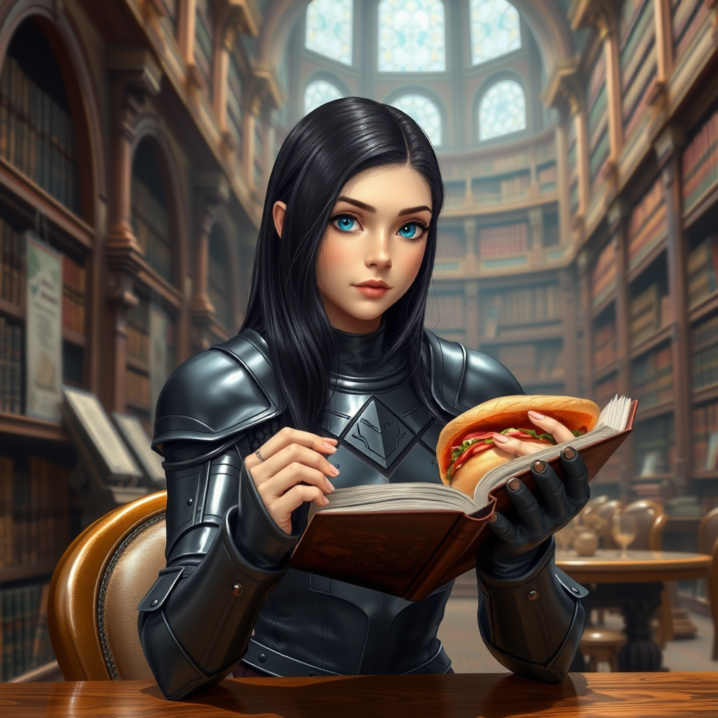 beautiful young woman, dark hair past her shoulders, blue eyes, small, slim figure, wearing full leather armor suit, sitting at table with sandwich, reading a book in a great library.