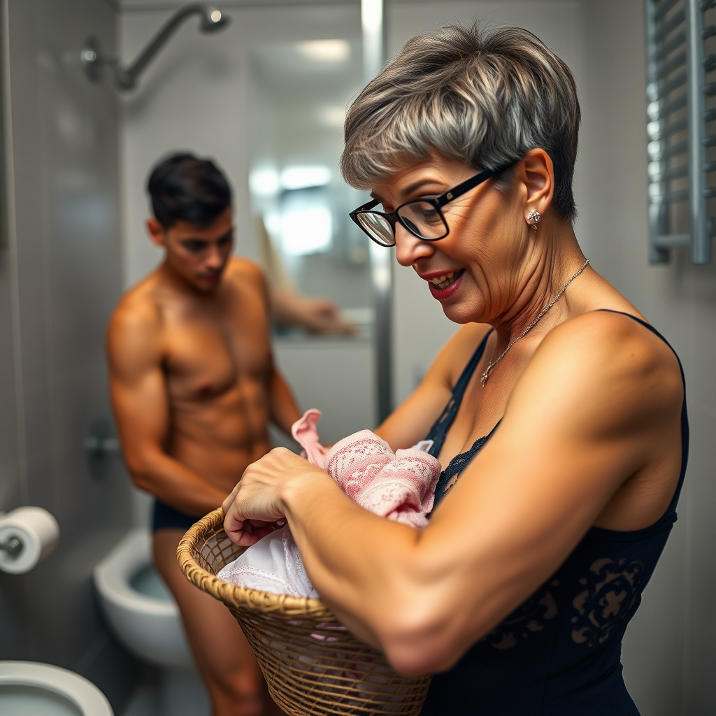 In a bathroom, an amazed European skinny boy is frantically rummaging in a basket full of lingerie. He is watched from a distance by a gorgeous 45-year-old European Latina with a sharp aquiline nose, wrinkles, high cheekbones, Middle Eastern features, skinny build, tanned skin, rounded medium breasts, skinny thighs, and a big rounded ass. She has full makeup, jewelry, a serious expression, sharp nose, shocked but smiling demeanor, blushing, with an open mouth, appearing horny. Her ash hair is styled in a short bowl haircut, slicked back, and she wears glasses, with detailed features. She is wearing a navy blue sheer embroidered leotard made of detailed fabric, captured in a full-body, wide landscape shot, in focus.